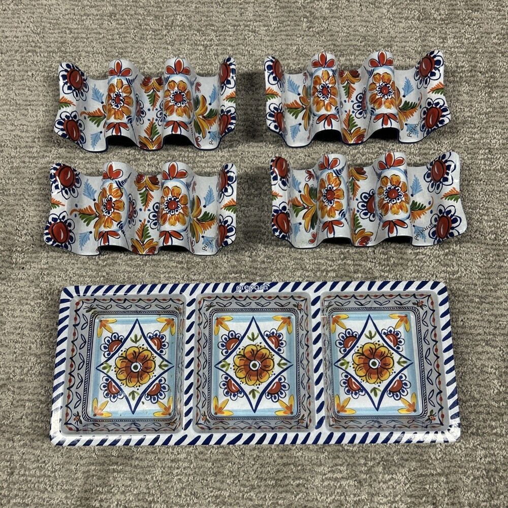 Prepara Taco Holder Yellow Red Set Floral Fiesta 3 Section Serving Tray Melamine